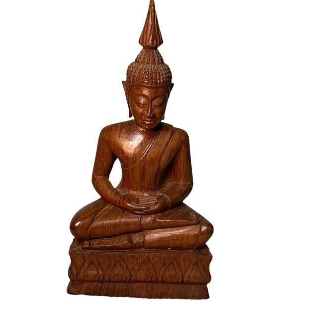 Vintage Buddha Carved Teak Wood Meditating Prayer Statue Figure Studio Decor