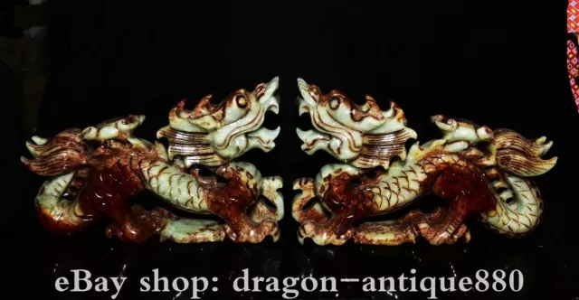 11.2" Chinese Natural Xiu Jade Carved Fengshui Dragon Loong Wealth Statue Pair