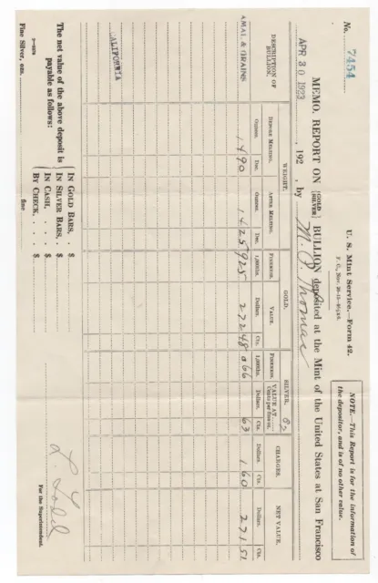 1923 Receipt for Gold & Silver Bullion Deposited at the US Mint San Francisco