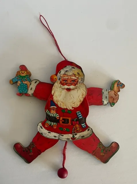 Vintage Double Sided Wooden Santa Holding Toys Pull String Toy Ornament