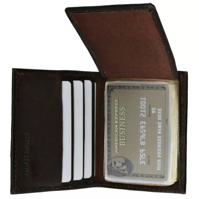 Black Genuine Leather Mens Bifold Wallet Plastic Insert Business Card Holder