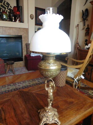 RARE Antique Brass Oil Kerosene Rayo Lamp with Cupid Statue Dated Feb. 28, 05