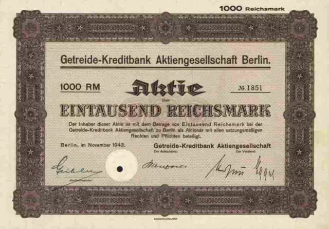 Getreide Kreditbank AG 1943 Berlin Breslau Hamburg Lübeck Köln Düren 1000 RM