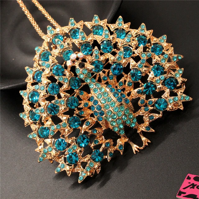 Betsey Johnson Gifts Blue Crystal Bling Peacock Animal Pendant Chain Necklace 3