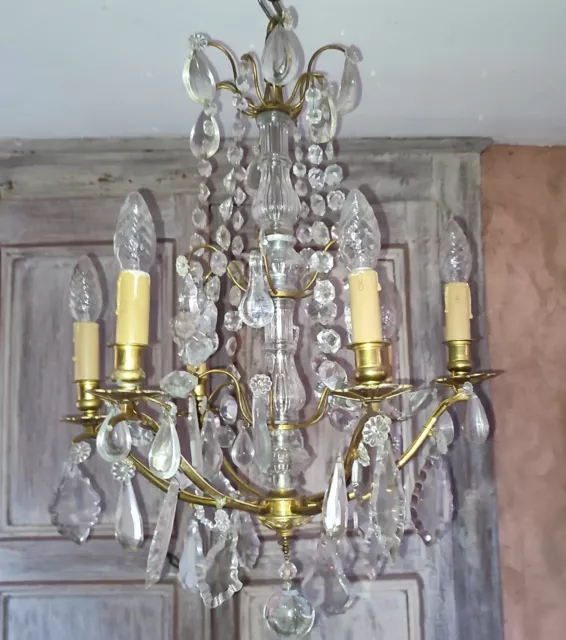 Lustre à cage debut XXème en bronze pampilles cristal et verre 6 bras