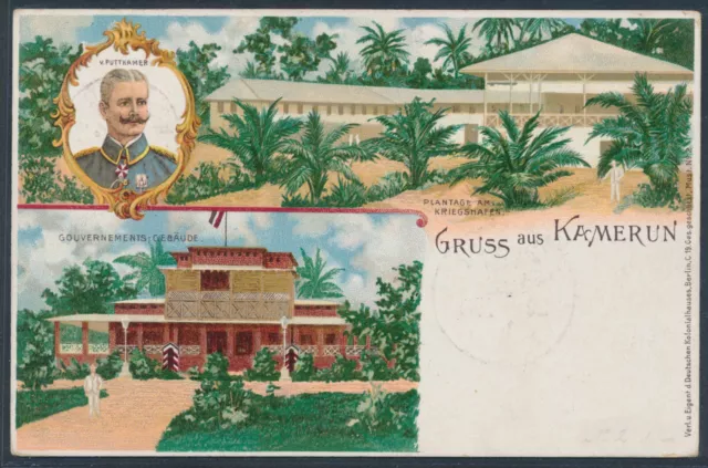 Togo Adler Litho Privatpostkarte ab Kamerun 1898 nach Berlin Attest (S23613)