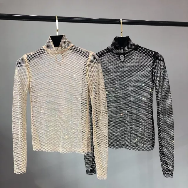 Donna Brillantini Strass Cavo Rete Top Lucido Diamante Dolcevita Camicia Maglia
