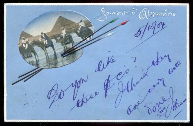 EGYPT Alexandria Postcard 1904 Greetings Pyramid Camels