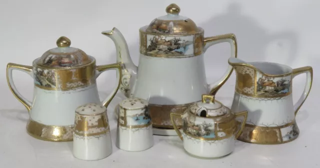 Nagoya Nippon SNB China Tea Set Hand Painted Gilded w/gold 1890-1921 10 Pc. EUC