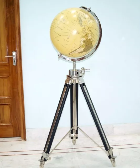 Antique Vintage Maritime Brass World Globe with Tripod Stand Home Office Décor