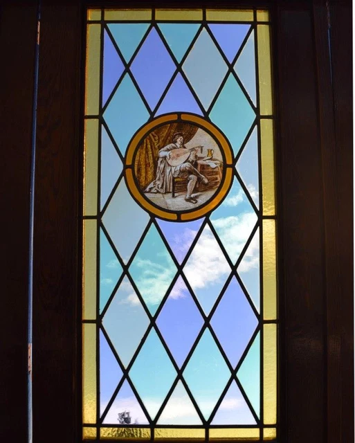 *Set of Three Pine Antique French Stained Glass Doors with Images of Paintings 4