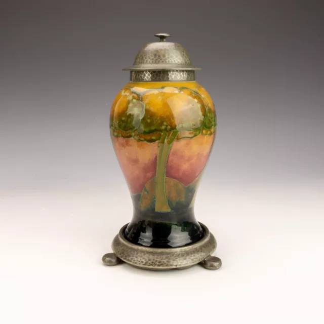 Antique Moorcroft Pottery - Eventide Vase - With Liberty Tudric Pewter Mounts