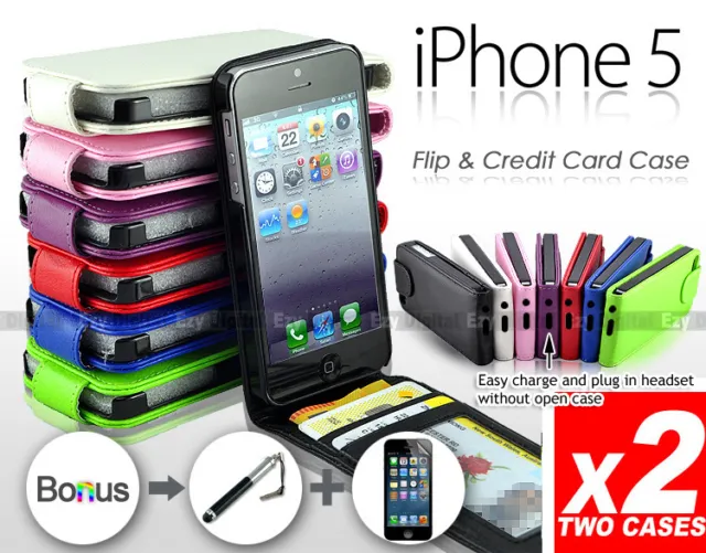 2 x Premium Leather Wallet Flip Credit ID Card Case Cover F iPhone 5 5G 5TH GEN