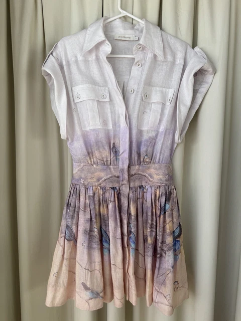 ZIMMERMANN NINETY SIX Scallop dress Floral Linen Mini Long Sleeve