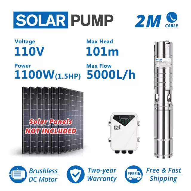 4" DC Deep Well Submersible Solar Water Pump Stainless Steel Impeller 110V 1.5HP