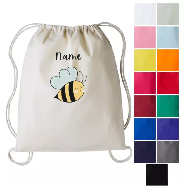 Personalised Bee PE Bag Any Name Kids Drawstring Gymsac Swimming School Sport