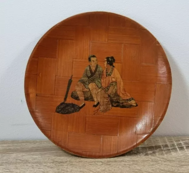Vintage Mid Century Plate Lacquered Bamboo Wood Asian Chinese Taiwan