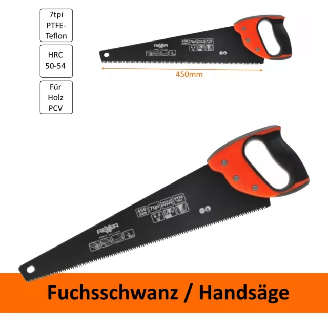 Fuchsschwanz Handsäge Holzsäge 450mm 7TPI Säge für alle Holzarten und PCV Rohr