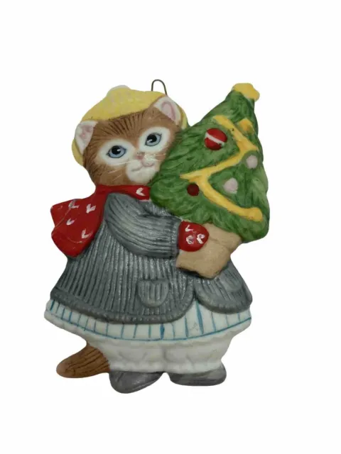 Vintage Kitty Cucumber Ornament Ginger Holding a Christmas Tree Schmid 1985