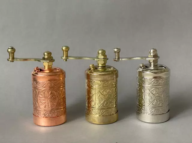 Set of 3 Traditional Turkish Pepper Grinders - Gold, Silver, Copper Colours 3