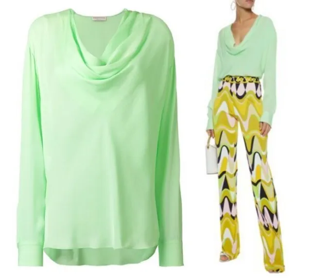 EMILIO PUCCI Draped Neck Silk Crepe De Chine Blouse Mint Color US 14/ IT 48 $945