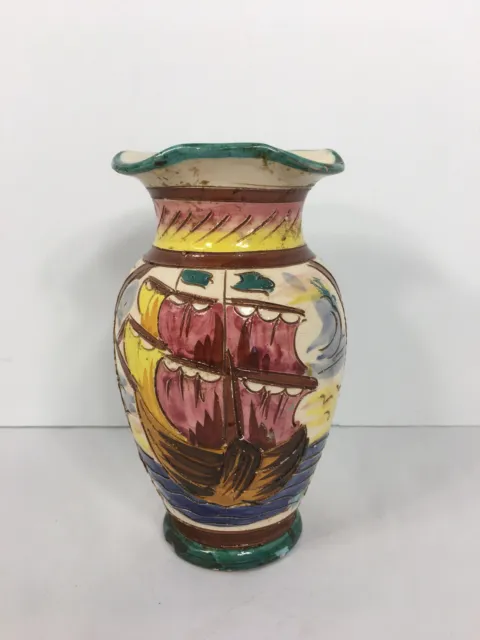 Antique Italian Majolica Pottery Clipper Ship Flower Vase
