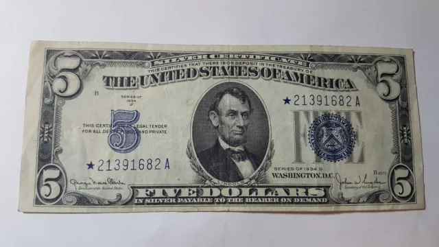 1934 D - 5 Dollar "Star" Silver Certificate  - * 21391682 A  - Circulated Cond