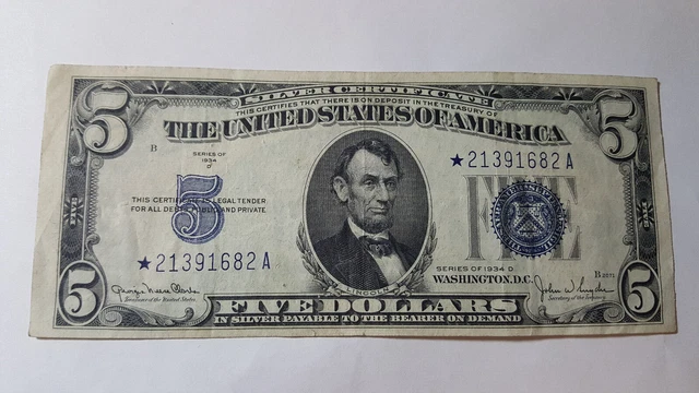 1934 D - 5 Dollar "Star" Silver Certificate  - * 21391682 A  - Circulated Cond