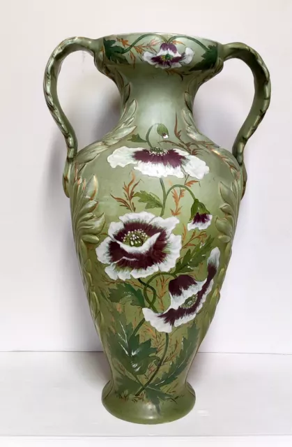 Grand Vase Amphore Faience Emaillee Majolica Decor Pavot Marque 568