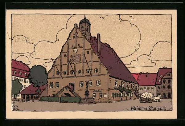 Steindruck-AK Grimma, Straßenpartie am Rathaus - bei Bartko-Reher 1921