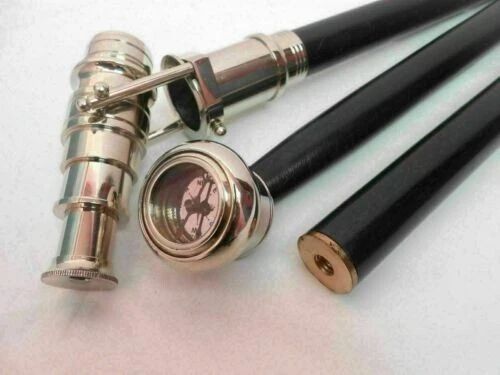 Wooden Walking Stick Cane Brass Polish Foldable Telescope Handle Christmas Gift