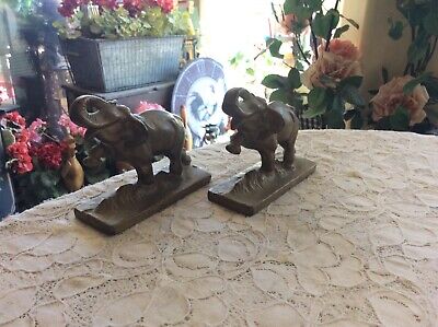 Vintage Antique Cast Iron Heavy Elephant Bookends Almost 5 Lbs. With Patina