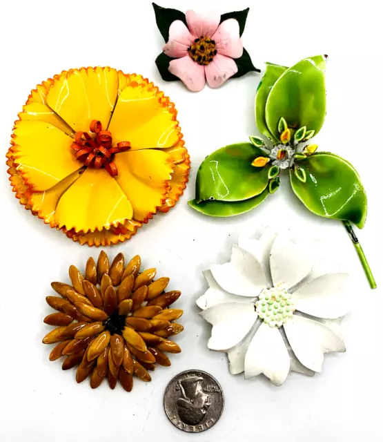 Lot 5 Vtg Big Enamel 1960s 1970s Flower Power Pins Brooches Colorful