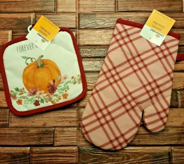 Juego de 2 piezas Horno Mitt & Potholder Grateful Otoño Cosecha Calabazas ENVÍO GRATUITO