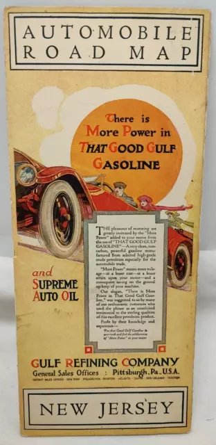 1915 Gulf Refining Co. Supreme Auto Oil New Jersey Automobile Road Map