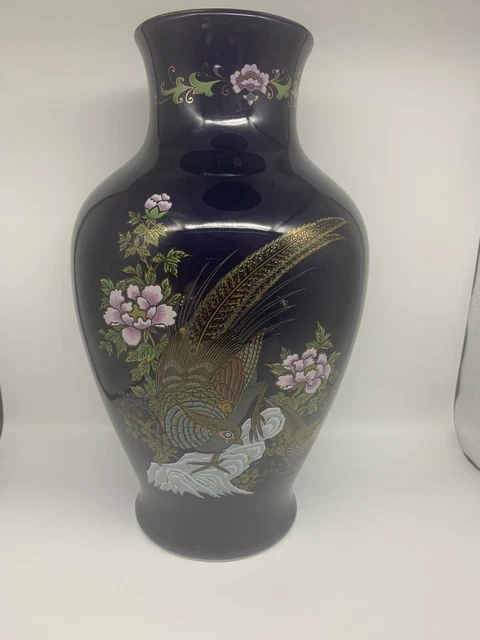 GROSSE KOBALTBLAUE JAPANISCHE VASE MIT FASANTEN & BLUMEN (12") Makers Mark