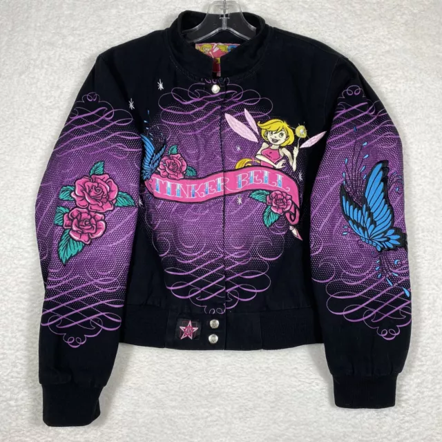 JH Design Group Girl's Youth Jacket Tinkerbell Embroidered Black Denim Sz Large