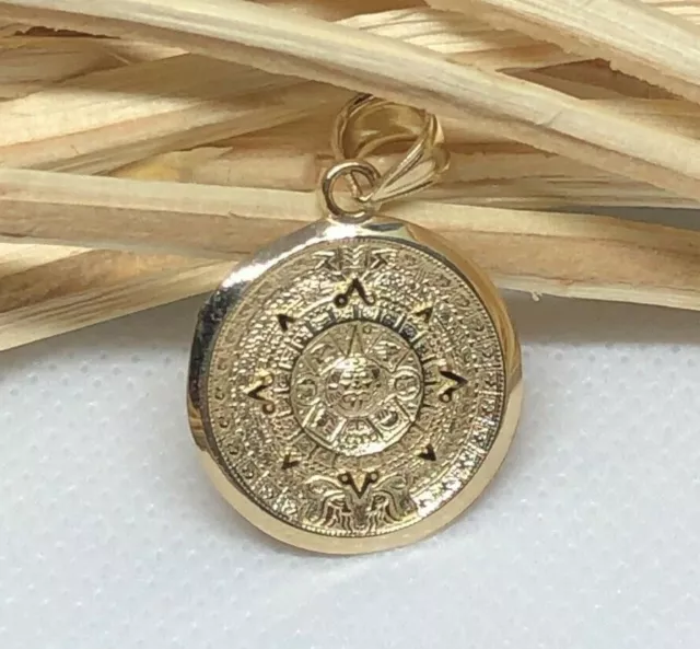 GOLD Aztec 14K pendant SOLID REAL mayan Sun calendar azteca necklace mexic small