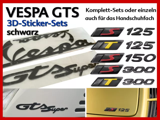 VESPA GTS - 3D-Emblem-Set - schwarz  5 Varianten Handschuhfach Aufkleber Sticker