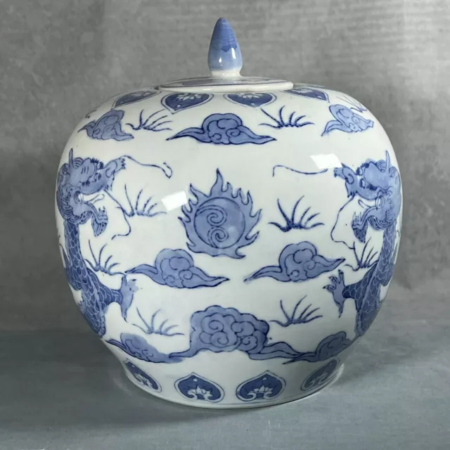 Vintage Very Large Chinese Blue & White 'Dragons Chasing The Pearl' Lidded Pot