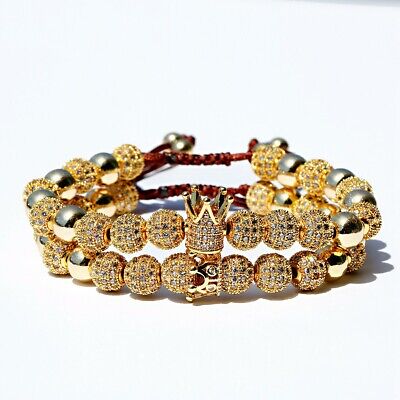 18K Gold Plated King and Queen Crown Beads Cz Disco Pave Ball Charm Bracelet