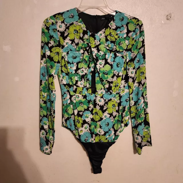 Zara floral print long sleeve bodysuit Size Small S Black/fucsia/green NWT