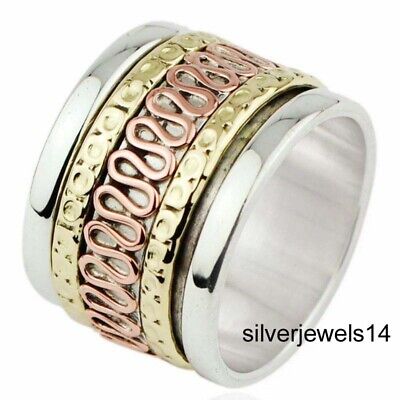 925 Sterling Silver Three Tone Wide Band Spinner Ring Handmade Jewelry