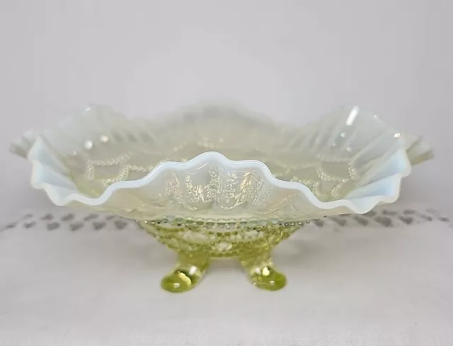 Northwood Opalescent Glowy Vaseline Glass Beaded Drape Ruffled 4 Footed Bowl