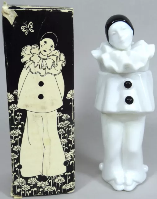 Vtg Clown Shaped Figurine Bottle Pierrot Milk Glass Avon Empty Decanter Box 1982