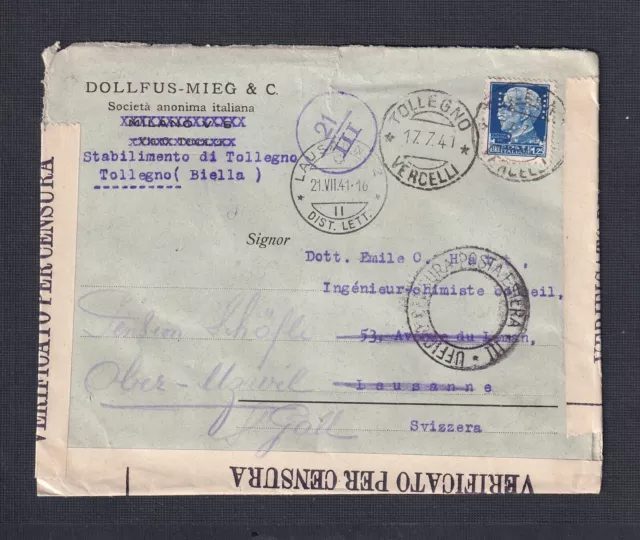 Italy 1941 Ww2 1.25L 'D.m.c' Perfin On Censored Cover Tollegno To Switzerland