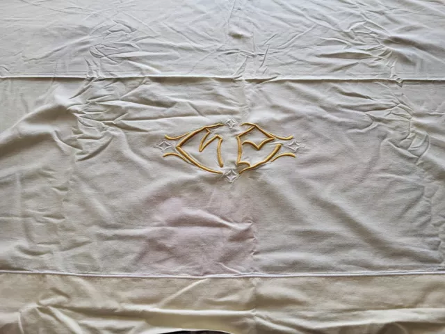 ancien grand drap monogrammé en jaune orangé point de bourdon 210*275 cm