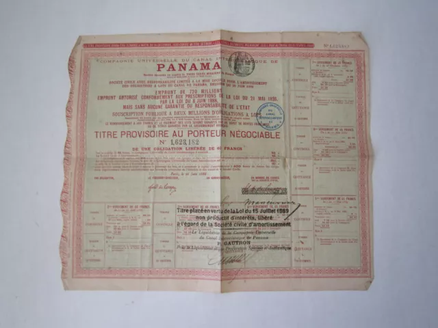Titre Provisoire Au Porteur Panama   Emprunt 1889
