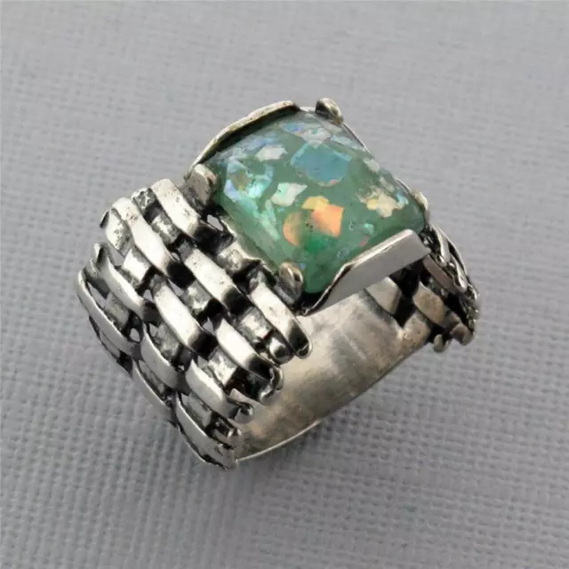 Rectangle Shaped Ancient Roman Glass Oxidized Woven Sterling Silver Ring Blue Gr