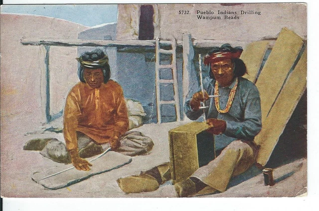 CH-129 Pueblo Indians Drilling Wampum Beads, Chrome Era Postcard